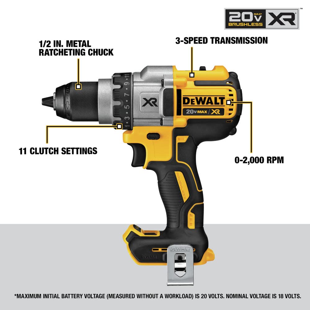 DEWALT 20V MAX XR Brushless Drill/Driver with 3 Speeds - Bare Tool (DCD991B), Yellow