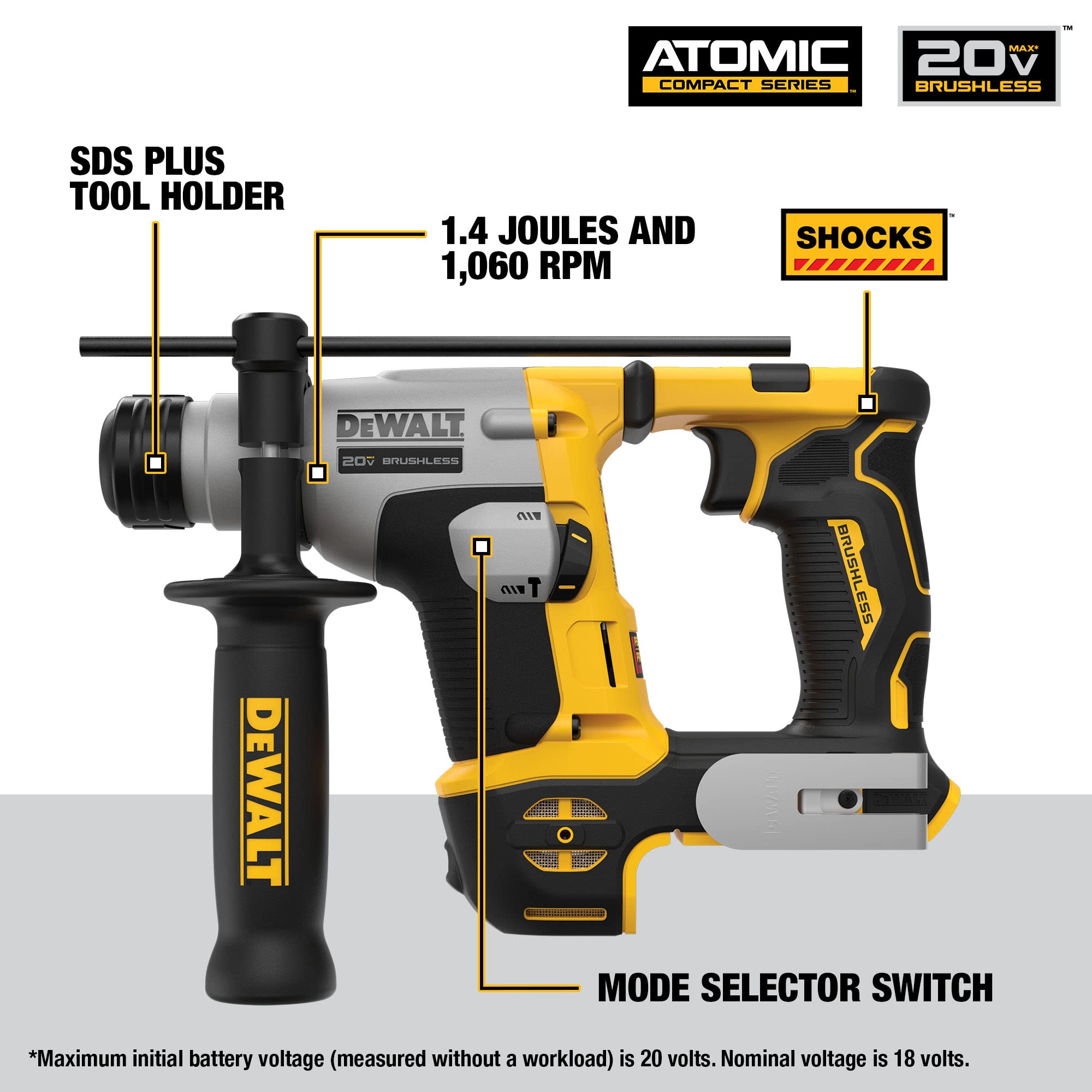 DEWALT 20V MAX SDS Plus Rotary Hammer Drill, Cordless, 5/8 in., Tool Only (DCH172B)