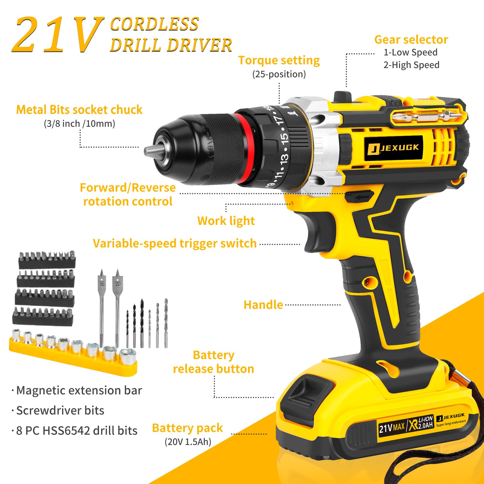 JEXUGK Home Tool Set with Power Drill, 245PCS Cordless Drill Set with 21V Battery Drill Driver