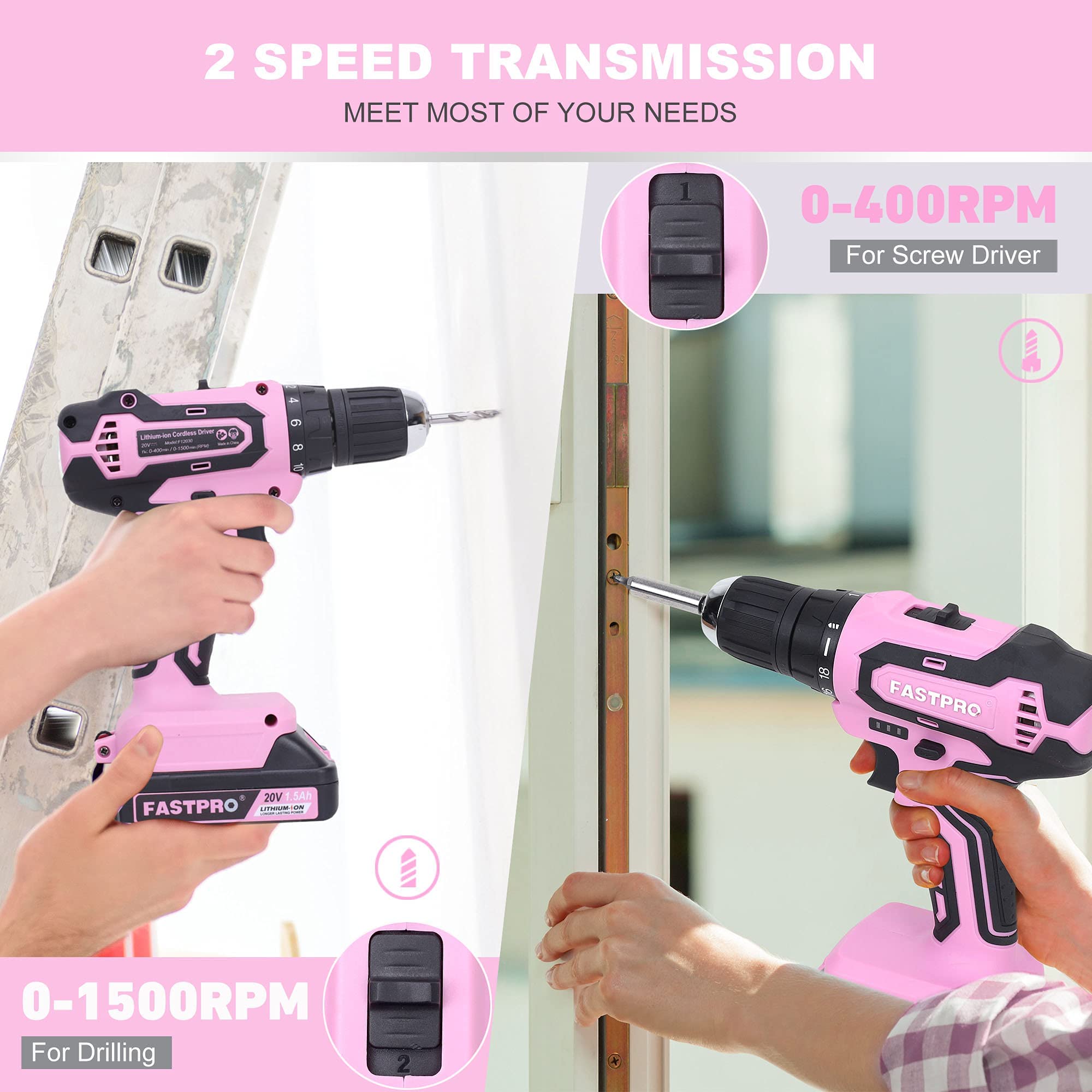 FASTPRO 232-Piece 20V Pink Cordless Lithium-ion Drill Driver and Home Tool Set