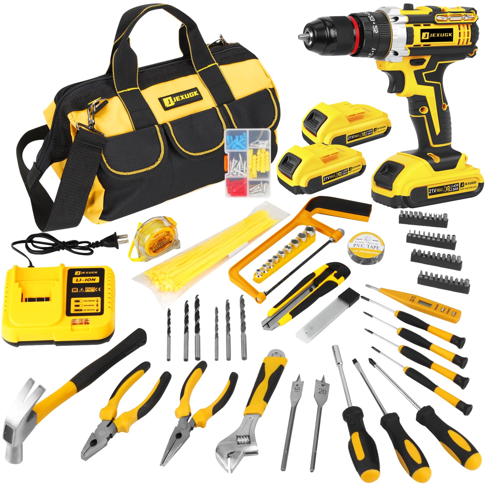 JEXUGK Home Tool Set with Power Drill, 245PCS Cordless Drill Set with 21V Battery Drill Driver