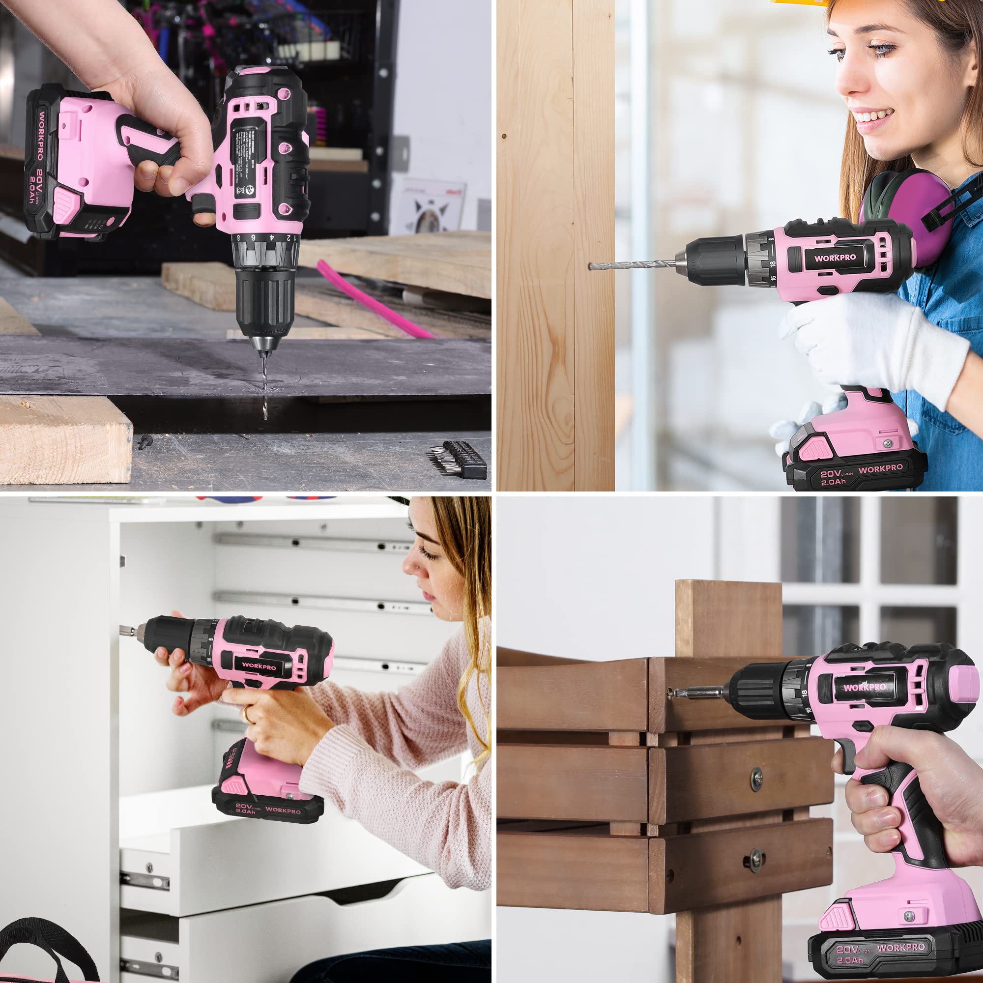 WORKPRO Pink Household Tool Kit with Drill, 157PCS Tool Set with 20V Cordless Lithium-ion Drill Driver