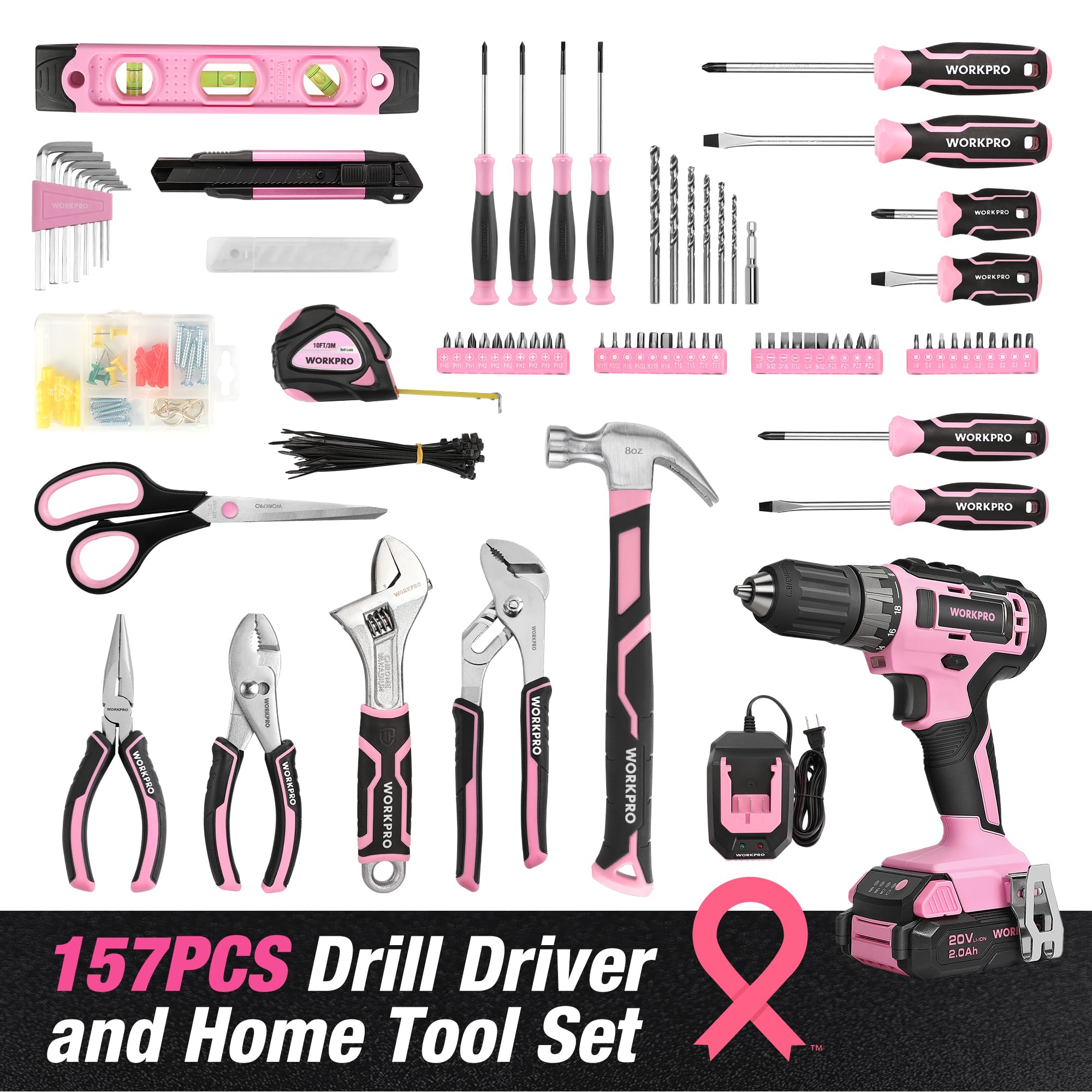 WORKPRO Pink Household Tool Kit with Drill, 157PCS Tool Set with 20V Cordless Lithium-ion Drill Driver
